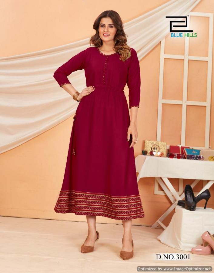Blue Hills Special 3 New Designer Fancy Festive Wear Rayon Long Kurti Collection